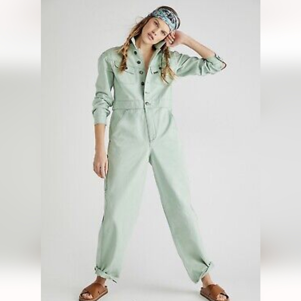 Free People Mint Green Utility Jumpsuit